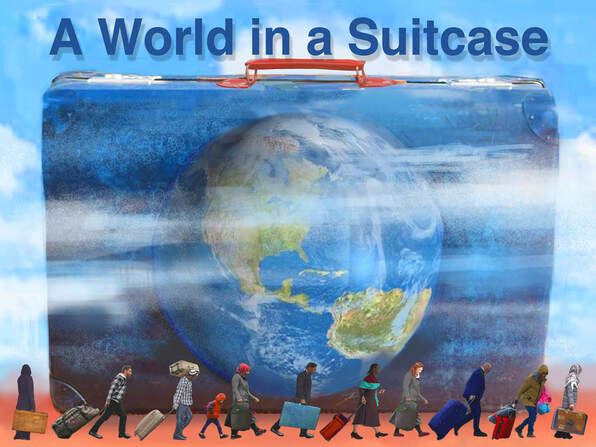 A World in a suitcase with people around it